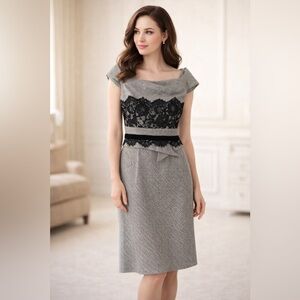 KAREN MILLEN Women Grey Wool Hounds Tooth Lace Trim Galaxy Sheath  Dress Size 4